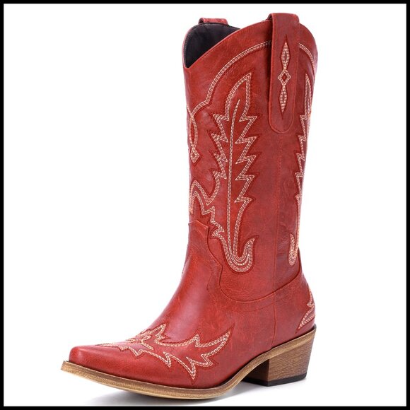 Women's Vintage Western Cowboy Boots with Embroidery Chunky Heel